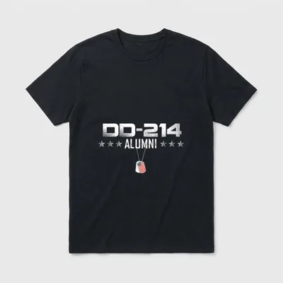 Patriotic Veteran Dogtag T-Shirt – DD-214 ALUMNI text with stars and a military dogtag – Classic T-Shirt in Black