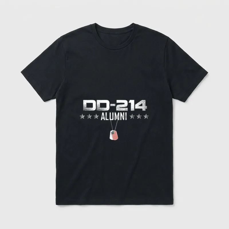 Patriotic Veteran Dogtag T-Shirt – DD-214 ALUMNI text with stars and a military dogtag – Classic T-Shirt in Black
