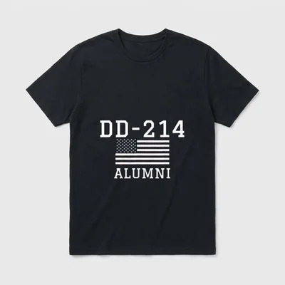 Patriotic Military Discharge T-Shirt – DD-214 ALUMNI printed above an American flag – Classic T-Shirt in Black
