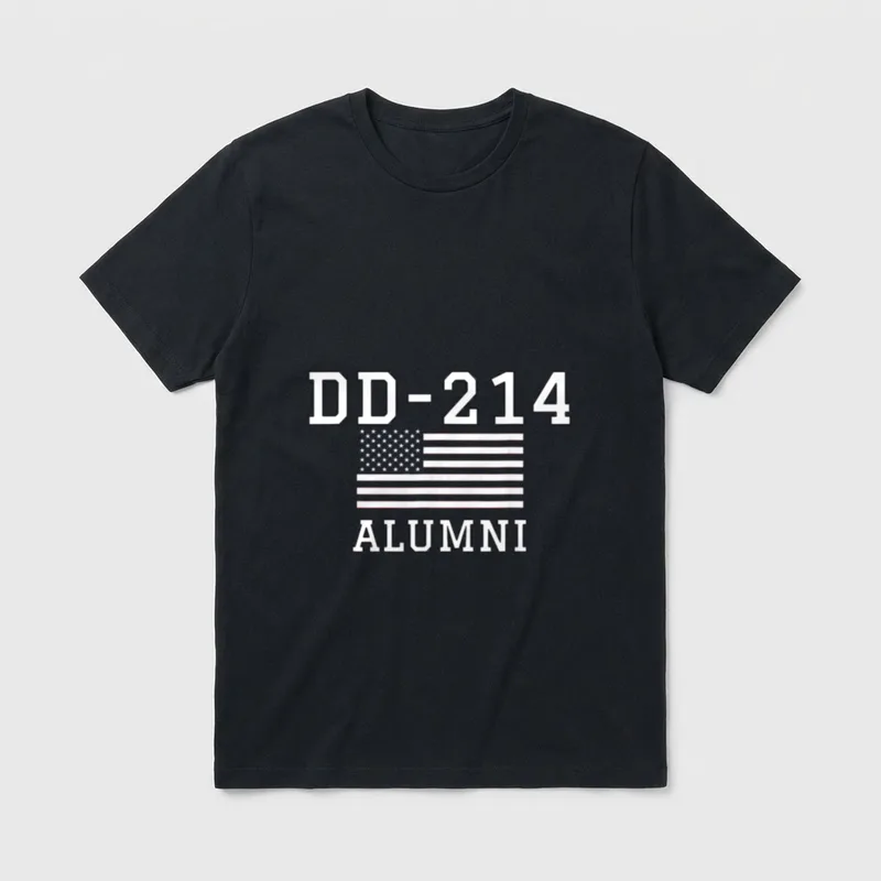 Patriotic Military Discharge T-Shirt – DD-214 ALUMNI printed above an American flag – Classic T-Shirt in Black