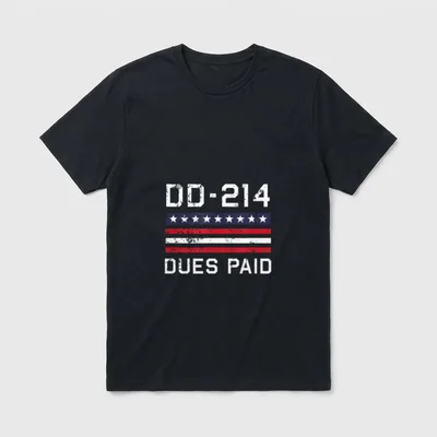 DD-214 Military Veteran T-Shirt – DD-214 and DUES PAID text with American flag – Classic T-Shirt in Black