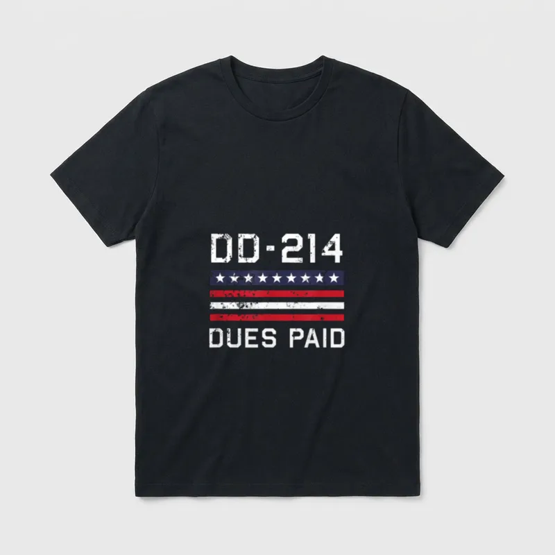 DD-214 Military Veteran T-Shirt – DD-214 and DUES PAID text with American flag – Classic T-Shirt in Black