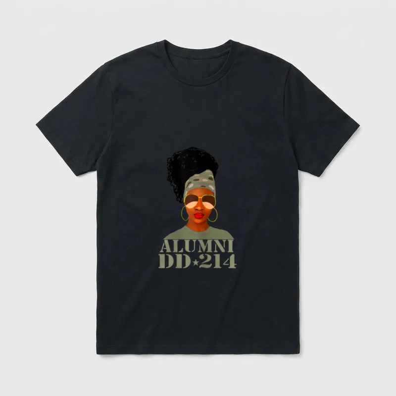African American Woman Veteran T-Shirt – Woman's portrait with text ALUMNI DD•214 – Classic T-Shirt in Black
