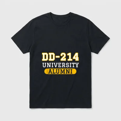 DD-214 Alumni T-Shirt – DD-214 UNIVERSITY ALUMNI in gold and white lettering – Classic T-Shirt in Black