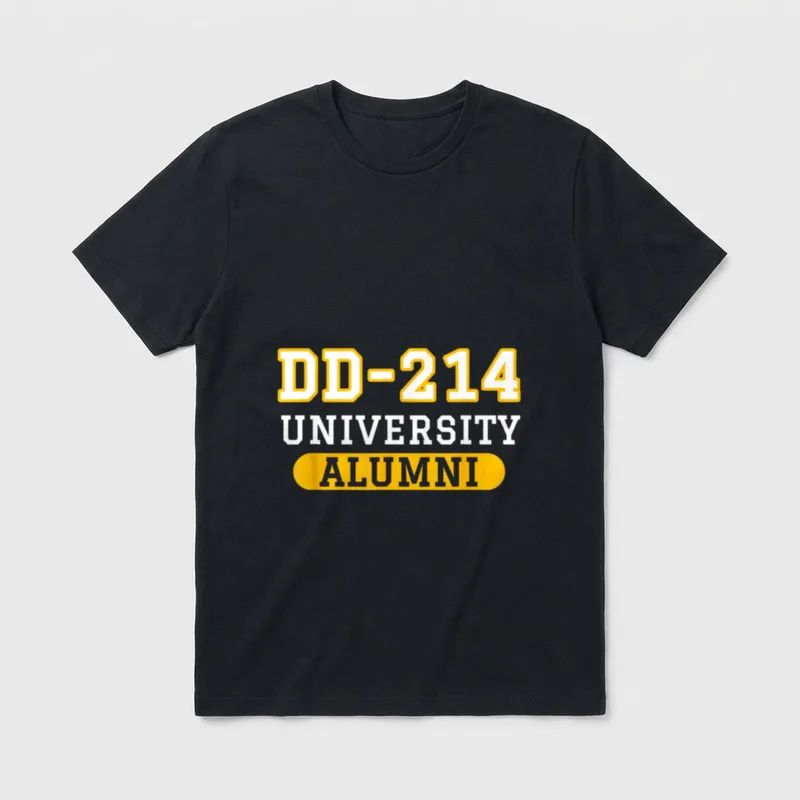 DD-214 Alumni T-Shirt – DD-214 UNIVERSITY ALUMNI in gold and white lettering – Classic T-Shirt in Black