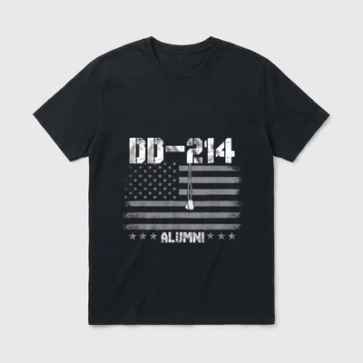 Military Veteran Patriotic T-Shirt – DD-214 ALUMNI text with dog tag and stars – Classic T-Shirt in Black