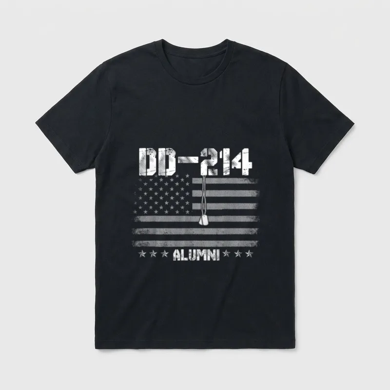 Military Veteran Patriotic T-Shirt – DD-214 ALUMNI text with dog tag and stars – Classic T-Shirt in Black