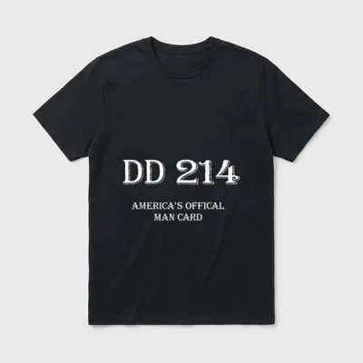 DD-214 Veterans T-Shirt – DD 214 and America's Official Man Card text in white block lettering – Classic T-Shirt in Black