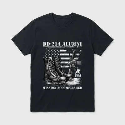Military Discharge Alumni T-Shirt – DD-214 Alumni American Veterans with Mission Accomplished – Classic T-Shirt in Black