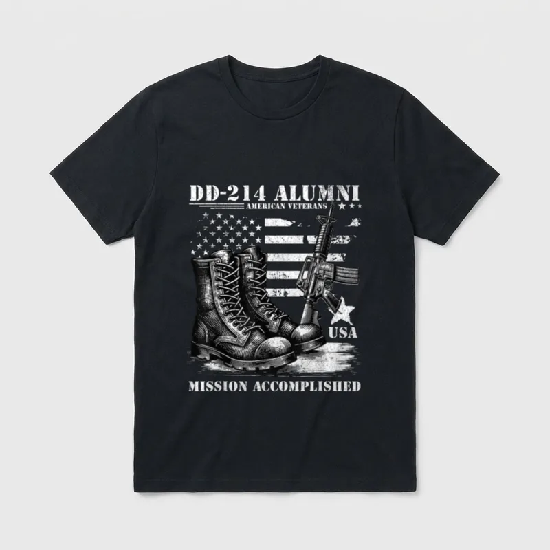 Military Discharge Alumni T-Shirt – DD-214 Alumni American Veterans with Mission Accomplished – Classic T-Shirt in Black