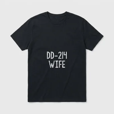 Vintage DD-214 Veteran T-Shirt – White distressed letters spelling DD-214 WIFE on gray background – Classic T-Shirt in Black
