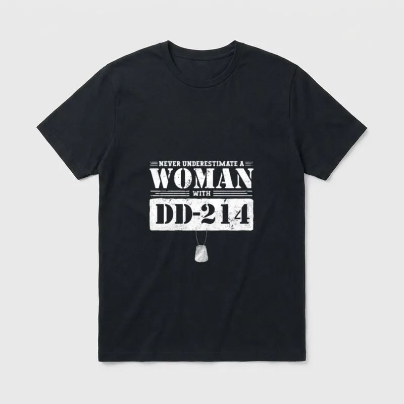 Veteran Patriotic T-Shirt – Never Underestimate a Woman with DD-214 and military dog tags – Classic T-Shirt in Black