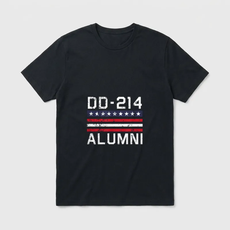 Military Service Alumni T-Shirt – DD-214 ALUMNI text with American flag – Classic T-Shirt in Black