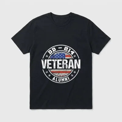Veteran DD-214 Graduate T-Shirt – DD-214 Veteran Alumni circular badge with American flag shield – Classic T-Shirt in Black