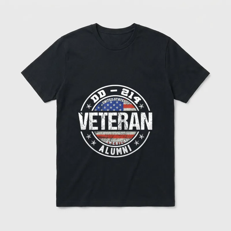 Veteran DD-214 Graduate T-Shirt – DD-214 Veteran Alumni circular badge with American flag shield – Classic T-Shirt in Black