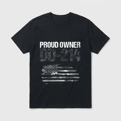 Patriotic Discharge Status T-Shirt – "PROUD OWNER DD-214" text with American flag background – Classic T-Shirt in Black