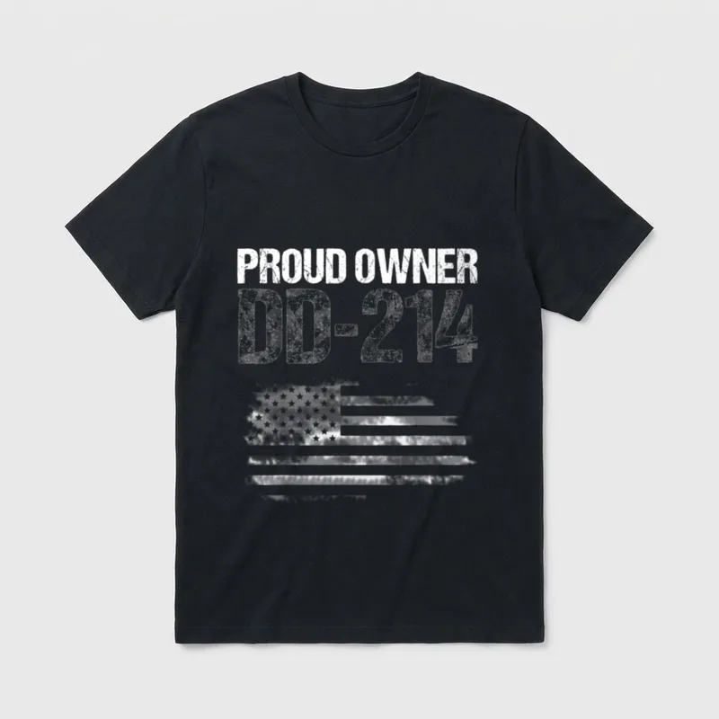 Patriotic Discharge Status T-Shirt – "PROUD OWNER DD-214" text with American flag background – Classic T-Shirt in Black