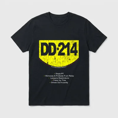 Veteran DD-214 Discharge T-Shirt – DD-214 form as yellow shield with military discharge humor text – Classic T-Shirt in Black