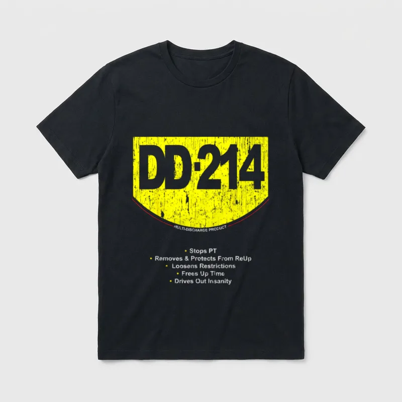 Veteran DD-214 Discharge T-Shirt – DD-214 form as yellow shield with military discharge humor text – Classic T-Shirt in Black