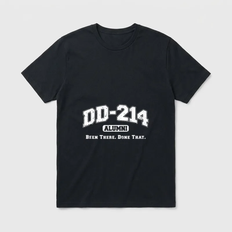 Discharged Military Veteran Humor T-Shirt – DD-214 ALUMNI BEEN THERE. DONE THAT. in white letters – Classic T-Shirt in Black