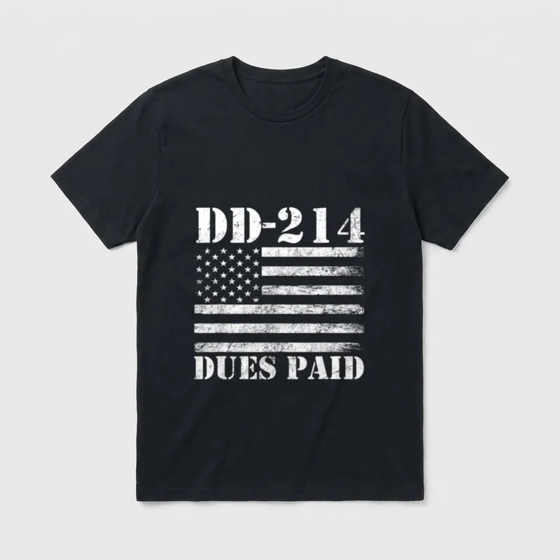 Military Veteran Dues Paid T-Shirt – DD-214 DUES PAID with American flag – Classic T-Shirt in Black