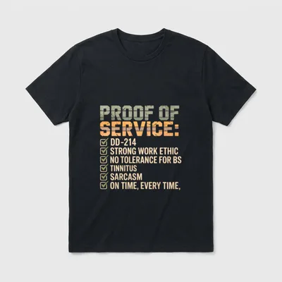 DD-214 Military Service T-Shirt – Service checklist with DD-214, work ethic, tinnitus, and sarcasm – Classic T-Shirt in Black