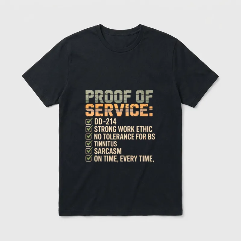 DD-214 Military Service T-Shirt – Service checklist with DD-214, work ethic, tinnitus, and sarcasm – Classic T-Shirt in Black