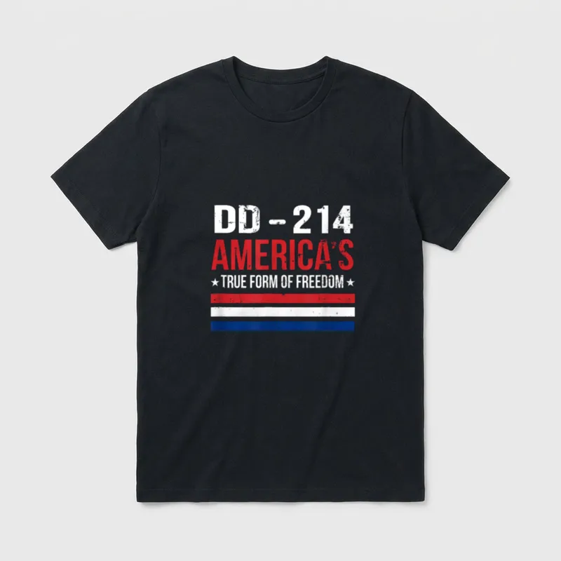Military Discharge Freedom T-Shirt – DD-214 AMERICA'S TRUE FORM OF FREEDOM with flag stripes – Classic T-Shirt in Black