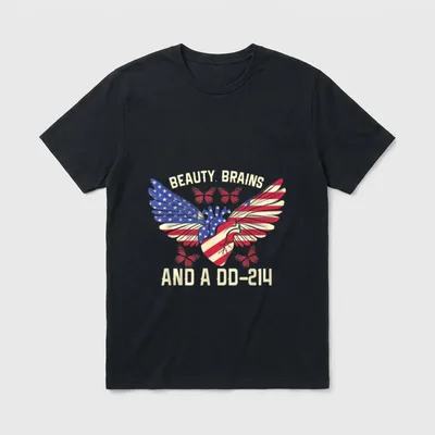 Strong Veteran Women T-Shirt – BEAUTY, BRAINS AND A DD-214 with eagle and butterflies – Classic T-Shirt in Black