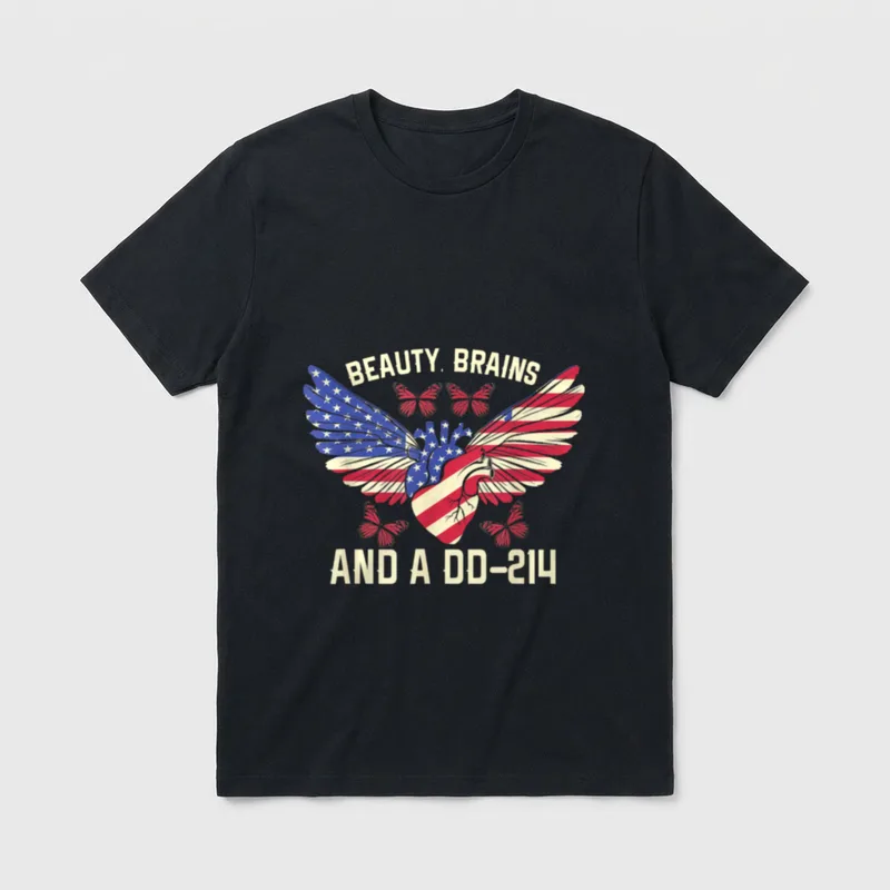 Strong Veteran Women T-Shirt – BEAUTY, BRAINS AND A DD-214 with eagle and butterflies – Classic T-Shirt in Black