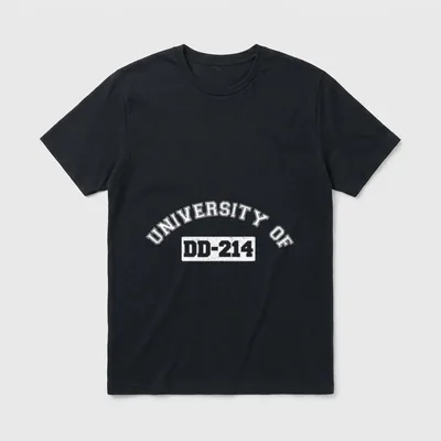 DD-214 Veteran Military T-Shirt – University of DD-214 text with distressed white stamp effect – Classic T-Shirt in Black