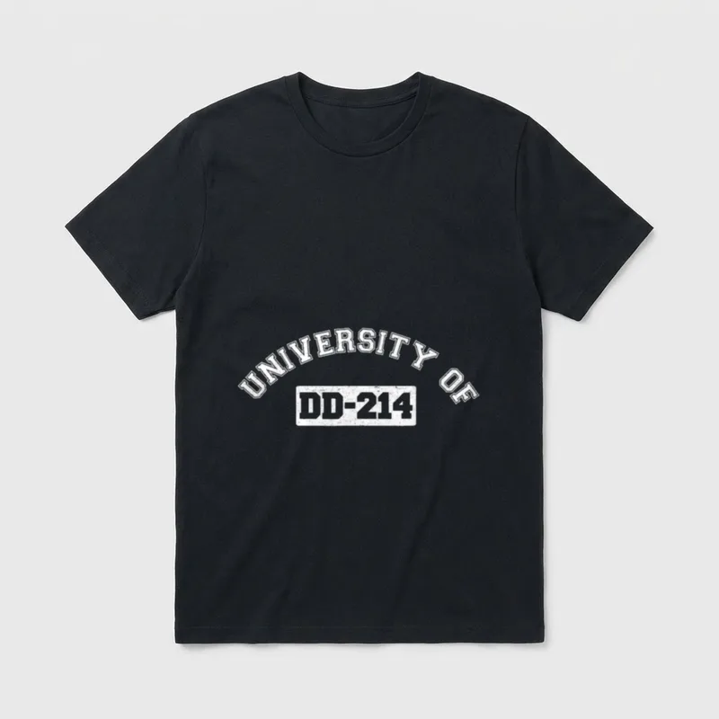 DD-214 Veteran Military T-Shirt – University of DD-214 text with distressed white stamp effect – Classic T-Shirt in Black