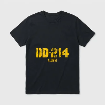 DD US Alumni Distressed T-Shirt – DD-214 ALUMNI in distressed yellow letters on gray background – Classic T-Shirt in Black