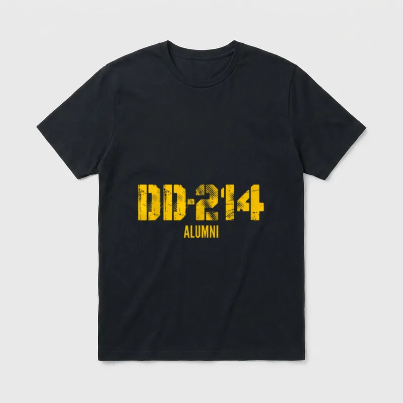 DD US Alumni Distressed T-Shirt – DD-214 ALUMNI in distressed yellow letters on gray background – Classic T-Shirt in Black