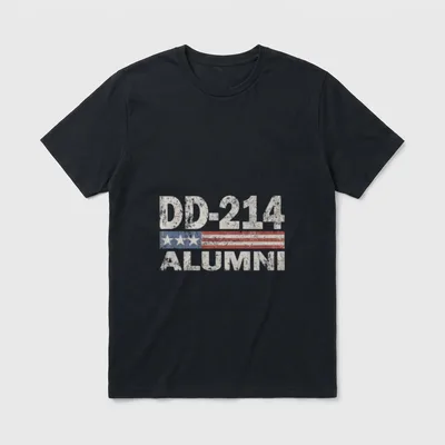 Honorable Discharge Alumni T-Shirt – DD-214 text above faded American flag with ALUMNI below – Classic T-Shirt in Black