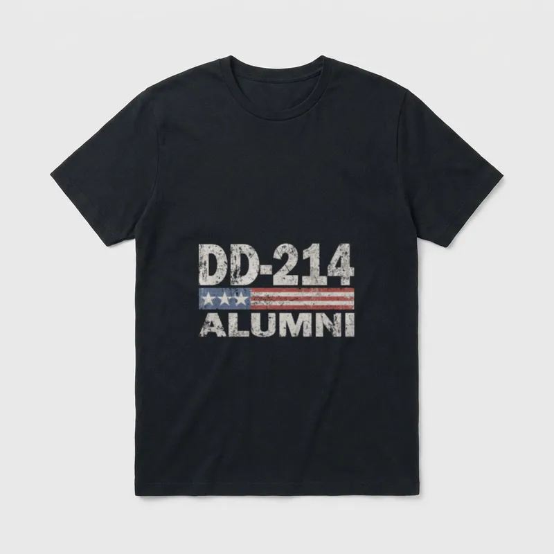 Honorable Discharge Alumni T-Shirt – DD-214 text above faded American flag with ALUMNI below – Classic T-Shirt in Black