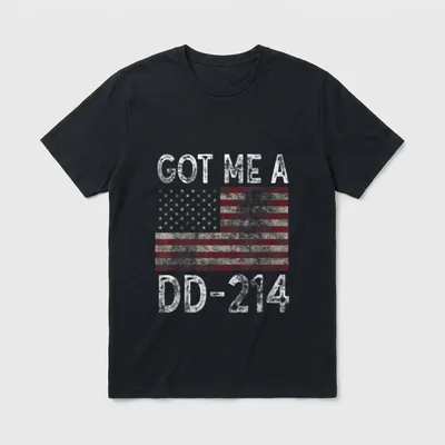Veteran Got My DD-214 T-Shirt – Text reading GOT ME A DD-214 with weathered American flag – Classic T-Shirt in Black