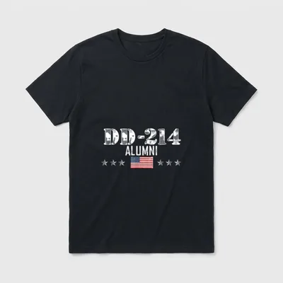 Vintage DD-214 Armed Forces Alumni T-Shirt – DD-214 ALUMNI text with American flag and stars – Classic T-Shirt in Black