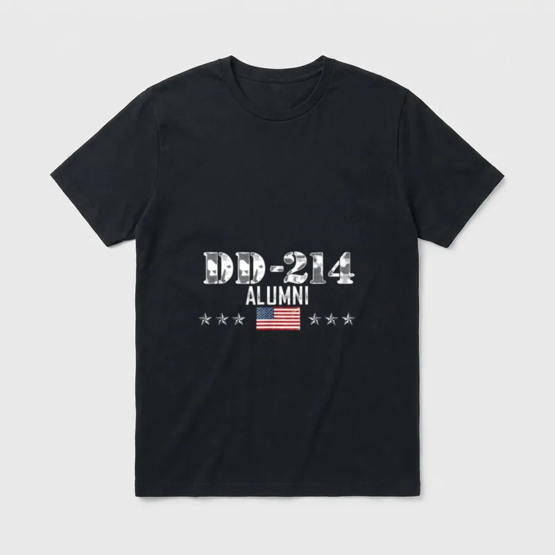 Vintage DD-214 Armed Forces Alumni T-Shirt – DD-214 ALUMNI text with American flag and stars – Classic T-Shirt in Black