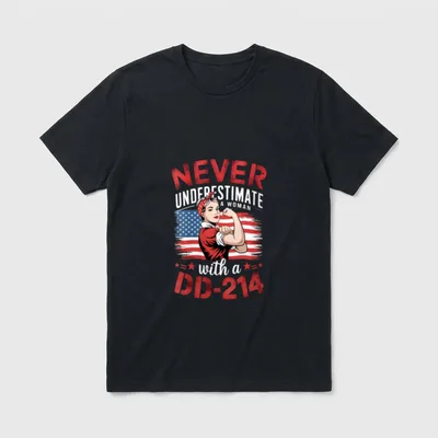 Women Veteran American Flag T-Shirt – NEVER UNDERESTIMATE A WOMAN with a DD-214 – Classic T-Shirt in Black