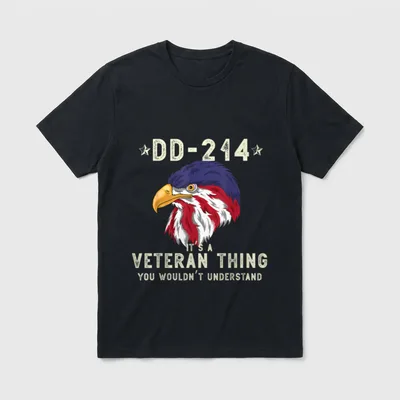 Veteran Pride USA Flag T-Shirt – DD-214 with eagle in flag colors and text – Classic T-Shirt in Black