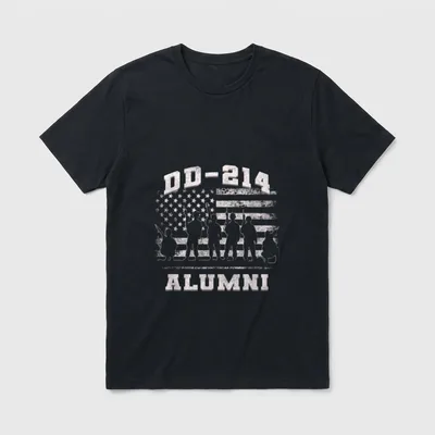 Military Discharge Papers Veteran T-Shirt – DD-214 ALUMNI text with military silhouettes and flag – Classic T-Shirt in Black