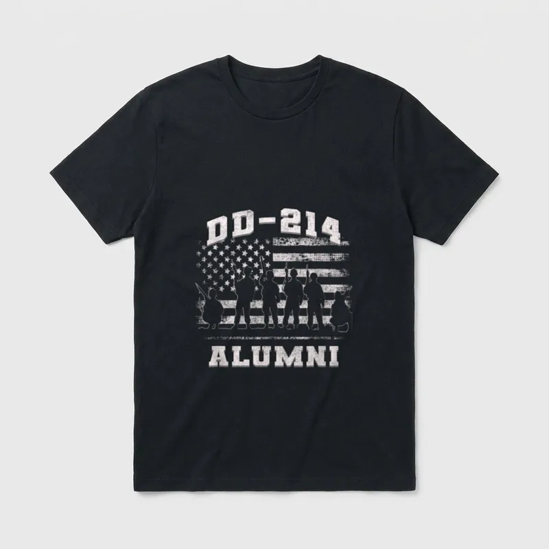 Military Discharge Papers Veteran T-Shirt – DD-214 ALUMNI text with military silhouettes and flag – Classic T-Shirt in Black