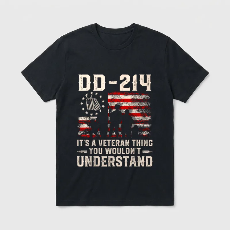 Veteran Pride DD-214 T-Shirt – DD-214 with dog tags, American flag, and veteran phrase – Classic T-Shirt in Black