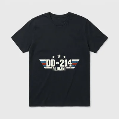 Patriotic DD-214 T-Shirt – DD-214 ALUMNI in cream with blue and red winged ribbons and stars – Classic T-Shirt in Black