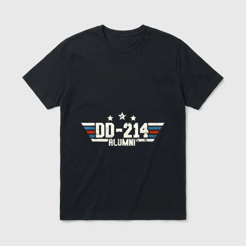 Patriotic DD-214 T-Shirt – DD-214 ALUMNI in cream with blue and red winged ribbons and stars – Classic T-Shirt in Black