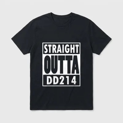 Straight Outta DD214 T-Shirt – Bold text reading Straight Outta DD214 in a rectangular box layout – Classic T-Shirt in Black