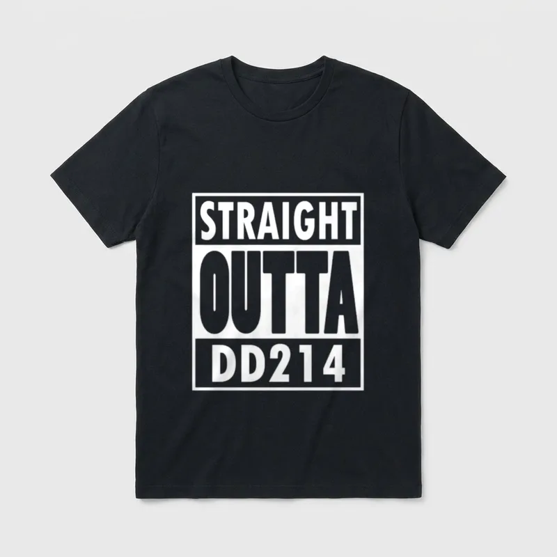 Straight Outta DD214 T-Shirt – Bold text reading Straight Outta DD214 in a rectangular box layout – Classic T-Shirt in Black