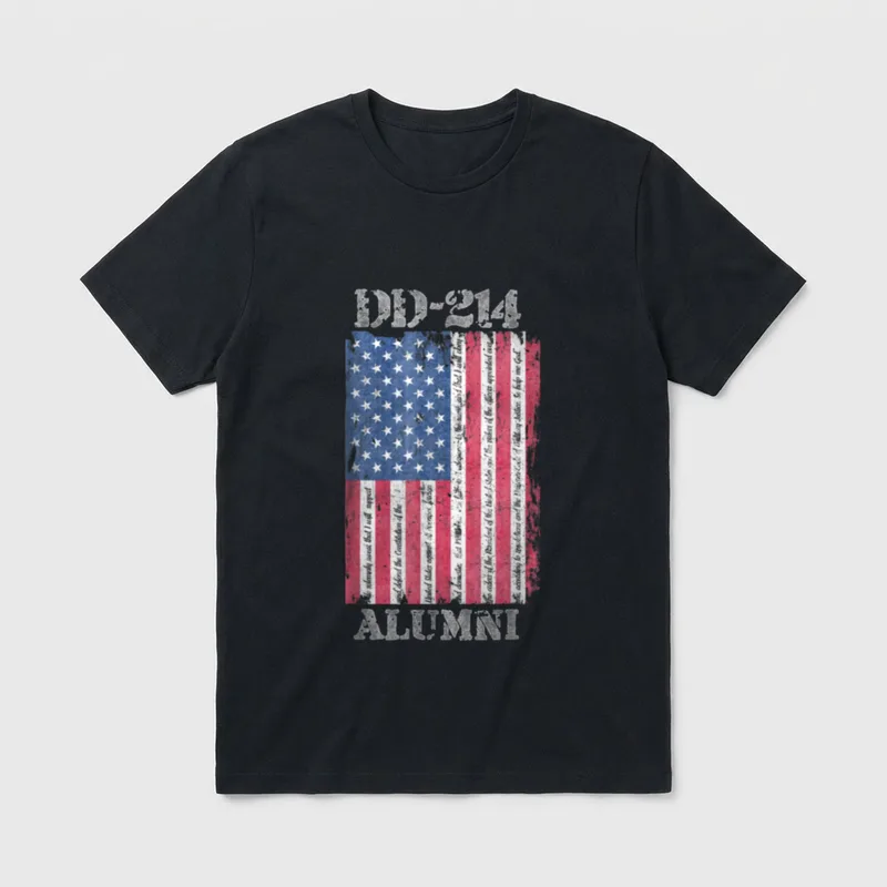 DD-214 Alumni Pledge T-Shirt – Distressed US flag with DD-214 Alumni military oath text overlay – Classic T-Shirt in Black