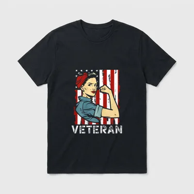 Women Veterans Day T-Shirt – Woman in profile with raised fist, American flag, word VETERAN – Classic T-Shirt in Black